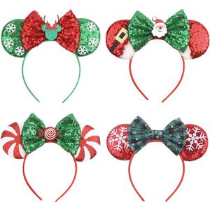 4 PCS Christmas Mouse Ears Headbands Sequin Santa Reindeer Candy Headbands for Cosplay Party Favors (Christmas 4 Pack)