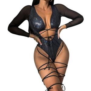 MINGSEECESS Women Sexy Metallic One Piece Swimsuit Mesh Long Sleeves Hollow Out Swimwear Lace Up Bathing Suit Bikini (Large)