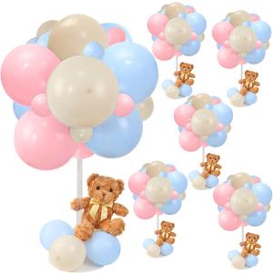 Bear Table Centerpieces for Baby Shower - Set of 6 Bear Balloon Baby Shower Decorations Include Stuffed Bears Balloons Kit with Stand Table Decor for Boy Baby Shower Gender Reveal (Blue/Pink)