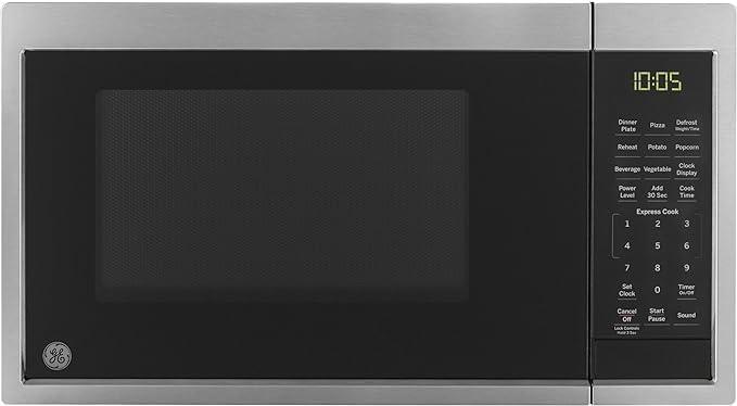 GE Countertop Microwave Oven, Compact 0.9 Cubic Ft., 900-watt Capacity, 7 Auto Cooking Settings, Child-Lock Technology, Kitchen Essentials for The Countertop, Dorm Room or Apartment, Stainless Steel