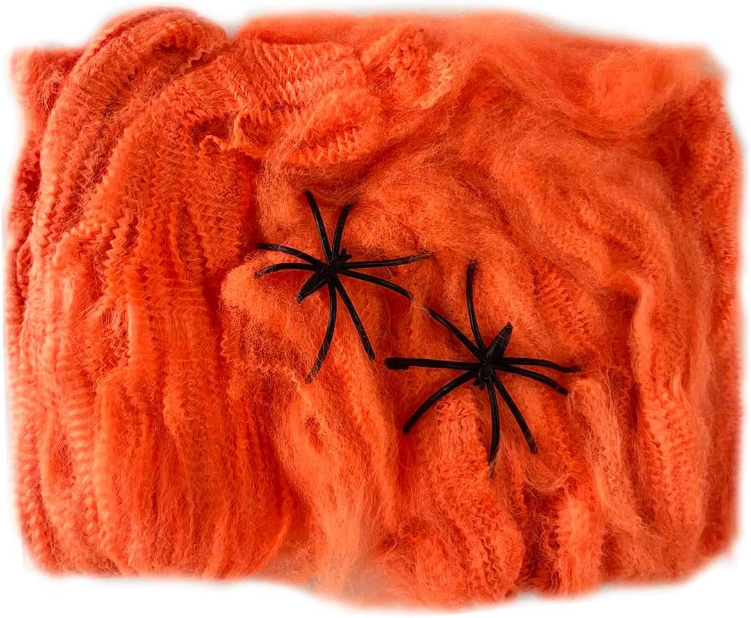 Queenbox 20g Artificial Spider Web, Stretchable Halloween Cobwebs, Horror Halloween Props for Party Haunted House Decoration, Orange