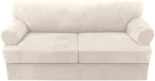 H.VERSAILTEX Sofa Cover 3 Piece T Cushion Sofa Slipcovers Thick Velvet Couch Cover Furniture Protector Stretch Sofa Covers for 2 Cushion Couch with 2 Individual T Cushion Covers Washable, Ivory