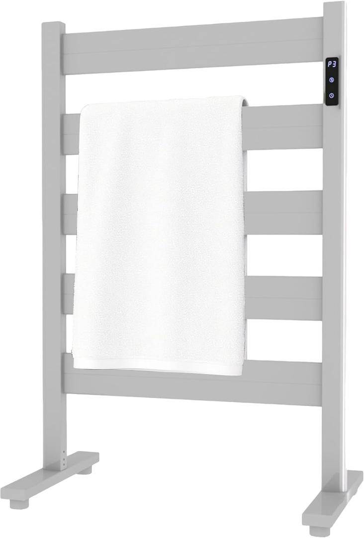Freestanding Towel Warmer  5-Bar Heated Towel Rack with Timer & Adjustable Temperature, Space Aluminum, Rust-Resistant, Fast Heating in About 10 Minutes for Bathroom & Spa,Matte White