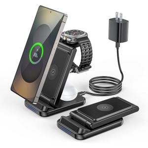 3 in1 Dual Coil Wireless Charger Station for Samsung,Wireless Charger Stand for Samsung,Foldable Fast Charging Station,Compatible with Galaxy Watch 7/6/5,Galaxy Earbuds, S25/S24 Ultra