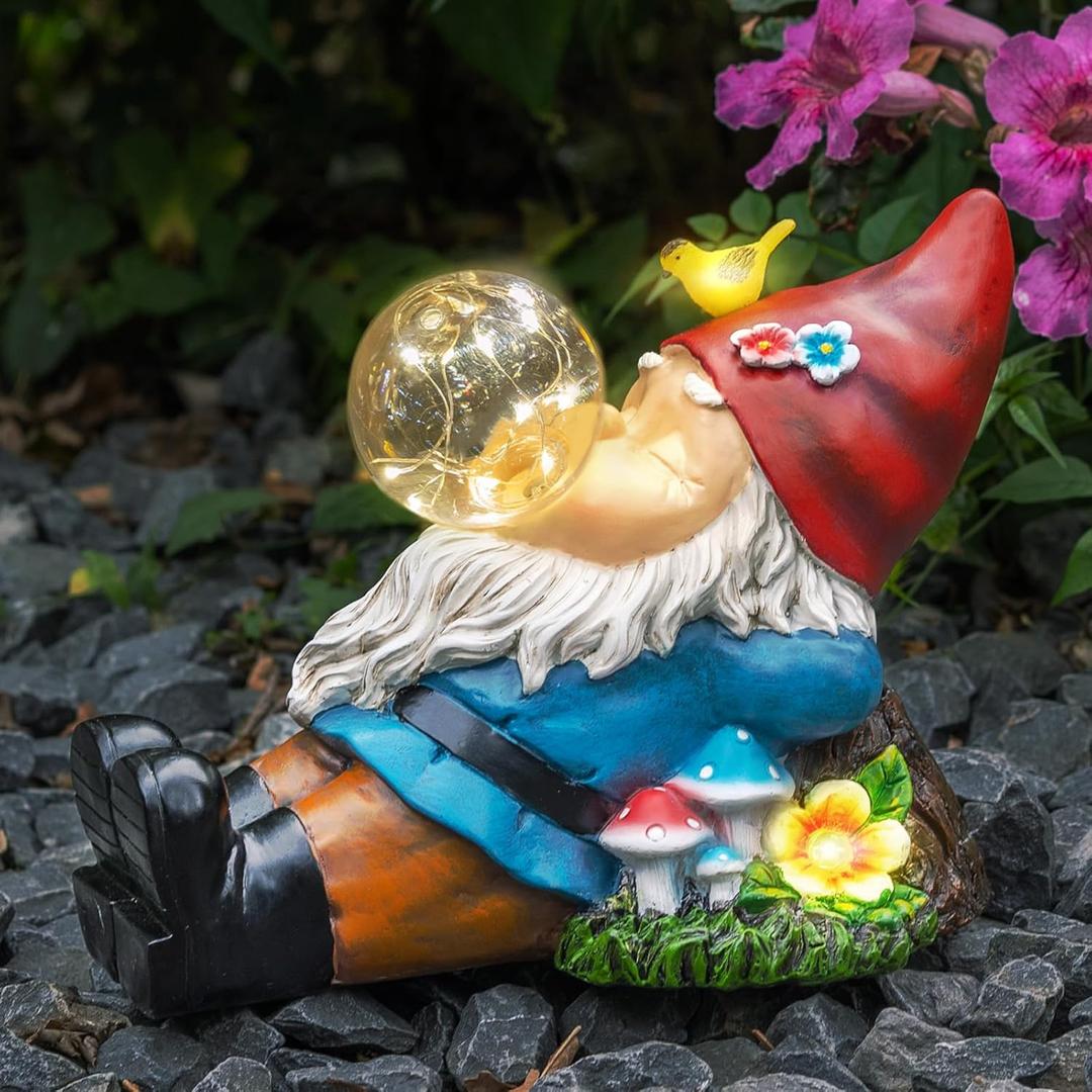 TIJNN Garden gnome Statue with Solar Lights. Funny Garden gnome Decorations for Your Yard, Outdoor Patio, Lawn, Gardens, Balcony or Home. Great Gift idea for Women and moms for Mother's Day.
