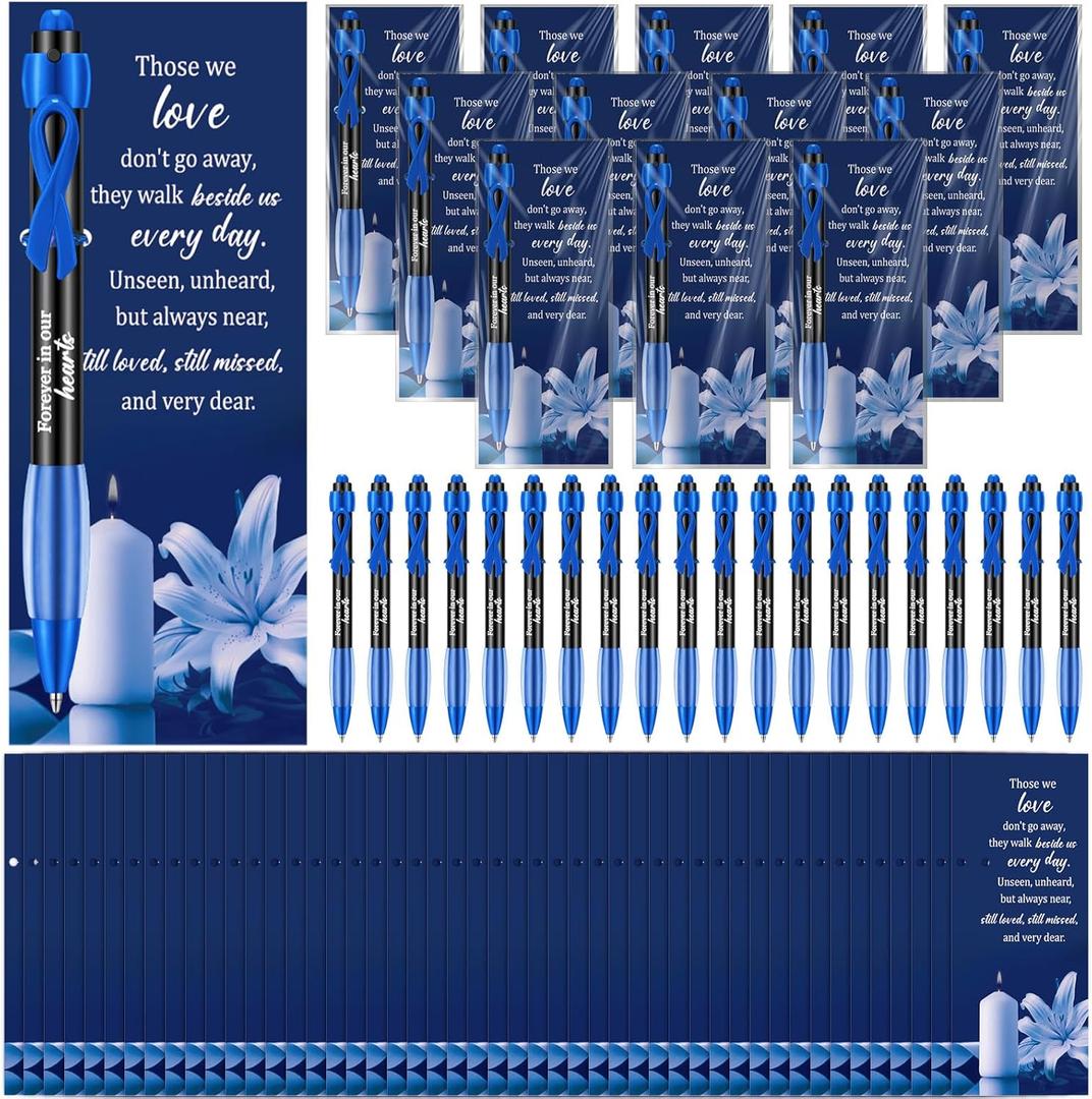 60 Set Dark Blue Memorial Funeral Favor for Guest Thank You Set - 60 Funeral Ballpoints and Prayer Cards, 100 Bags & Twist Ties, Sympathy Gift for a Memorial Service Ribbon Awareness