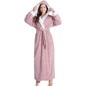 Hooded Robes for Women Long,Sherpa Trim Fleece Bathrobes With Hood Long Plush Soft Warm Winter Robes for Women (L)
