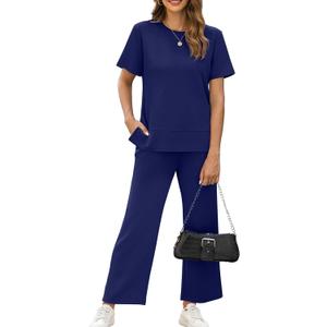 XIEERDUO Women's 2 Piece Lounge Set Fashion Travel Outfits Vacation Tracksuit Comfy Wide Leg Airport Loungewear S-3XL (Medium, Navy)