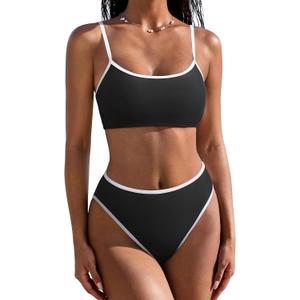SUUKSESS Women High Waisted 2 Piece Bikini Set Cheeky High Cut Bandeau Swimsuit (Black, M)