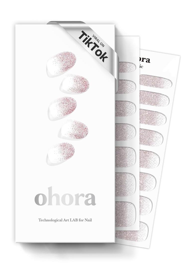 Ohora Semi Cured Gel Nail Strips (N Basic Nails no.3) - Nude, Glitter, Works with Any UV/LED Lamps, Salon-Quality, Long Lasting, Easy to Apply & Remove - Includes 2 Prep Pads, Nail File & Wooden Stick