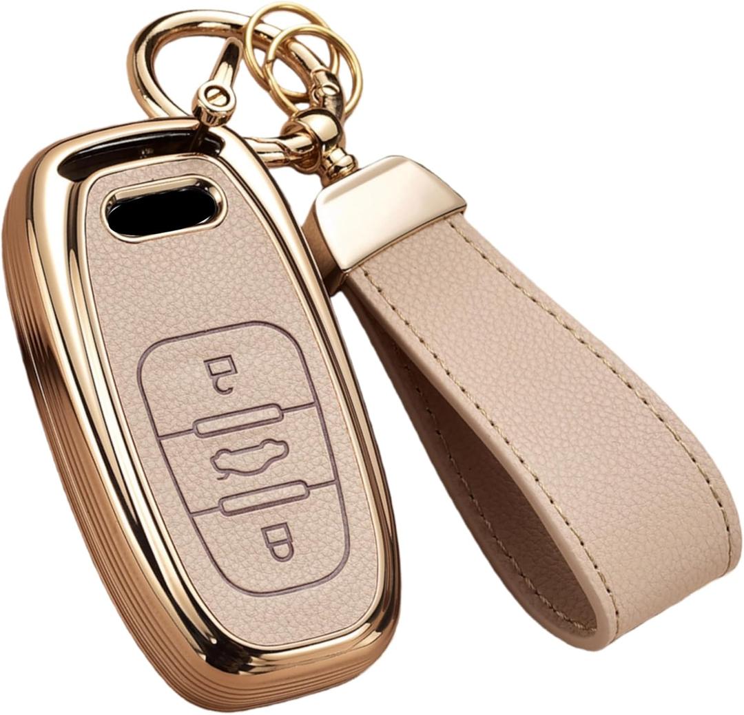 Key Fob Cover for Audi with Key Chain, Upper Leather + Soft TPU Key Cover Shell for Q5 Q7 S3 S4 S5 A4 A5 A6 A7 A8 (Cream)