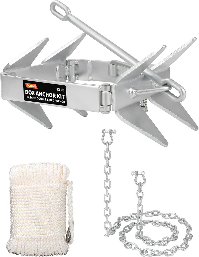 OULEME 13 LB Box Anchor Kit with 100 FT Nylon Rope & Anchor Chain, Boat Anchor Kit for Boats Up to 24 FT, Ideal for Offshore & Sport Boats, Pontoon, Fishing, Bass Boats and Cabin Cruisers