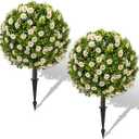 25" Artificial Boxwood Topiary Ball Trees with Daisy Flowers, Set of 2 UV Resistant No Fade Outdoor Faux Plants with Ground Spike, Fake Shrubs for Garden, Patio, Porch, Yard, Indoor Decor