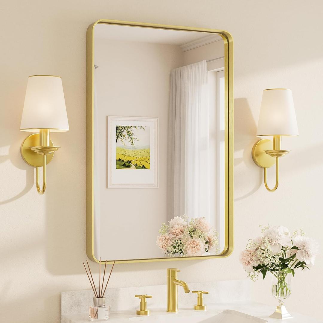 TETOTE Brushed Gold Bathroom Mirror, 24 x 36 Inch Metal Framed Mirror, Brushed Brass Rectangle Wall Mounted Golden Vanity Mirror (Horizontal/Vertical)