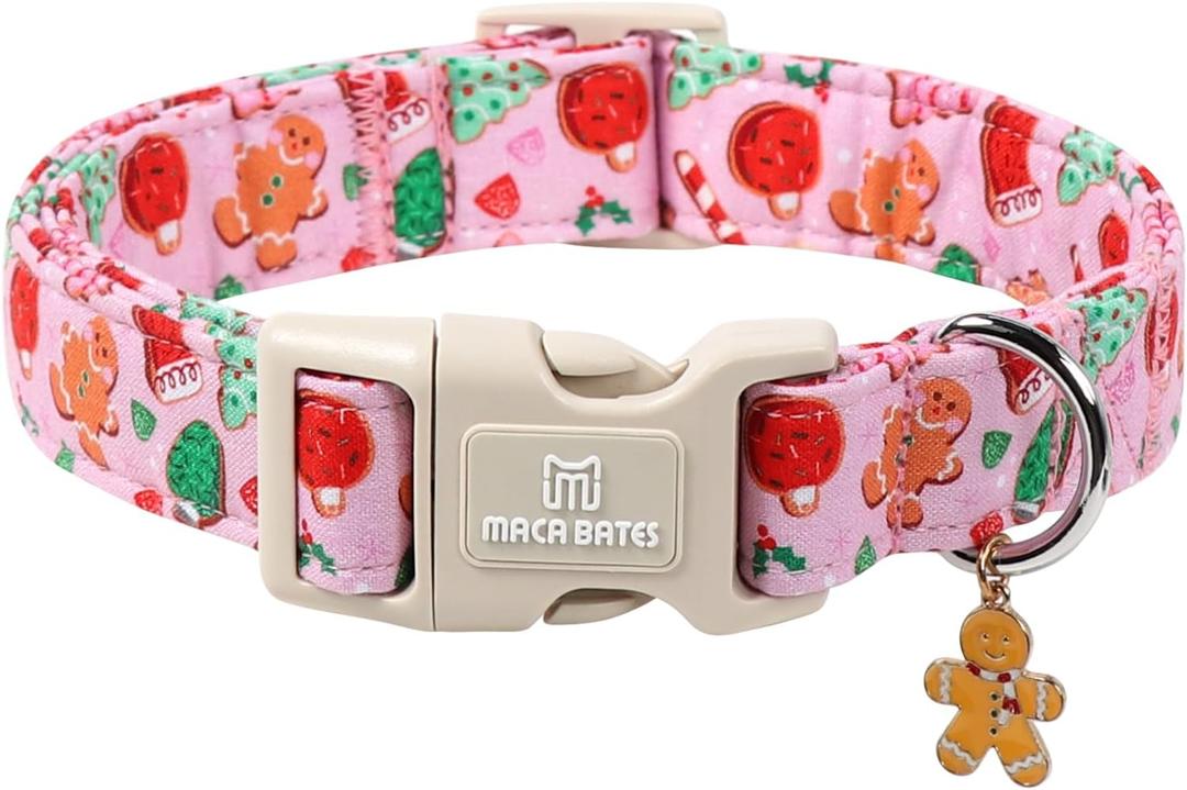 Maca Bates Christmas Pink Basic Dog Collar for Extra Large Girl Boy Dogs with Cute Gingerbread Man Charm Soft Adjustable Durable Collars,Winter Gift for Female Male Puppy with Safety Plastic Buckle