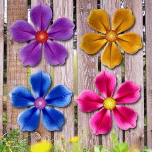 Giyyomtr Flowers Outdoor Wall Decor - 4 Pack 6.2'' Metal Flower Wall Art Hanging Decorations for Outdoor Fence Garden Yard Patio Exterior Decor