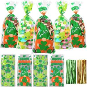 DIYASY St. Patrick's Day Cellophane Candy Bags,160 Pcs Shamrock Treat Goodie Bags Green Clear Plastic Goody Bag with 200 Twist Ties for Irish Day Party Favor
