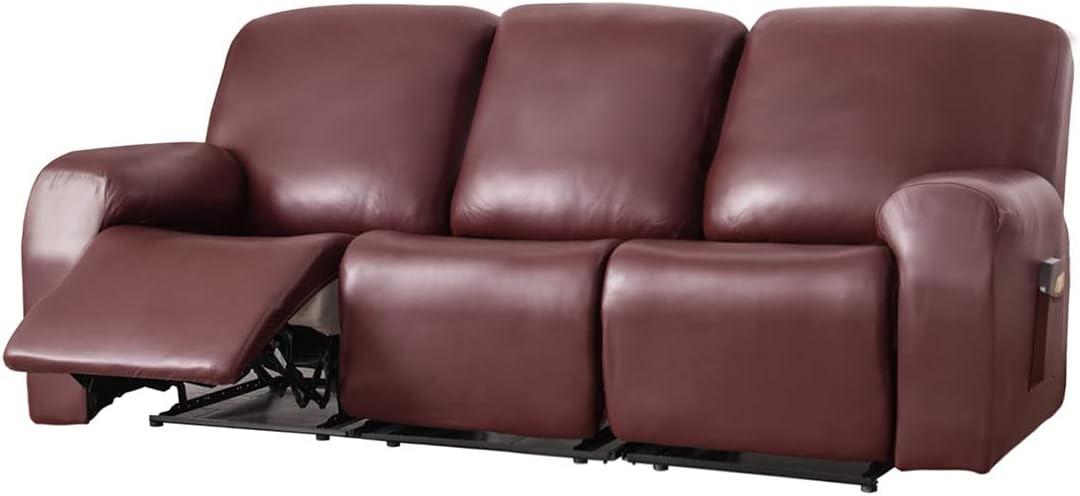 vctops 8 Pieces Waterproof Faux PU Leather Recliner Sofa Covers Stretch Soft 3 Seats Couch Cover Anti-Slip Sofa Slipcover Furniture Protector with Elastic Bottom for Kids Pet(Wine Red,3 Seat)