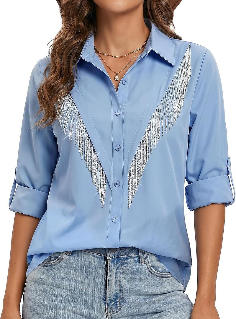 Women's Sparkly Fringe Western Shirts Rolled 3/4 Sleeve Button Down Shirts Western Tops Country Concert Cowgirl Outfit, XL