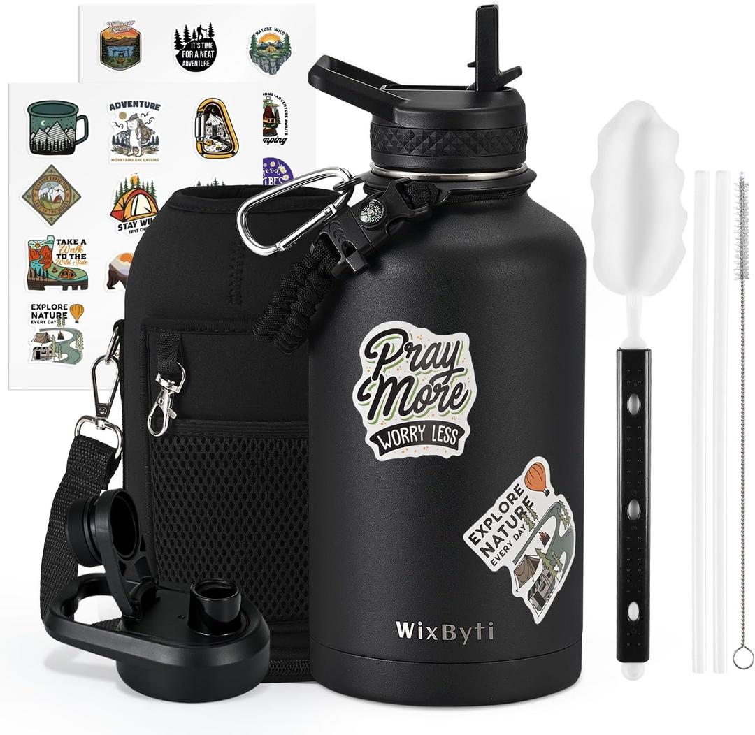64 oz Insulated Water Bottle with Straw (Cold for 48 Hrs), Half Gallon Stainless Steel Triple Wall Vacuum Sports Water Jug, Leakproof Hydro Cup Flask with Straw Spout Lids & DIY Stickers (Black)