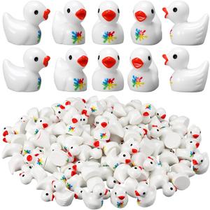 100 Pcs Autism Awareness Mini Resin Ducks White Tiny Ducks Puzzle Miniature Small Resin Figurines Landscape Garden Accessories for Autism Awareness People Party Decorations(Irregular)