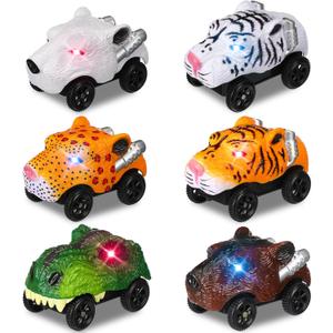 Skylety 6 Packs Dinosaur Track Car Race Replacement LED Light up Battery Powered Dinosaur Race Glow in The Dark Dino Accessories Compatible with Most Tracks, Car Only(Beast)