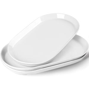 14" Oval Serving Platter - Ceramic Large Serving Platters, Oval Serving Plates For Entertaining, Party Serving Trays Oven Safe, Set of 2, White