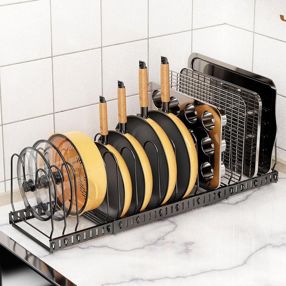 Pot and Pan Organizer Rack for Cabinet, Expandable Pot Lid Organizer Holder with 12 Adjustable Compartment for Kitchen Cutting Board, Pan Lid, Cabinet Cookware Baking