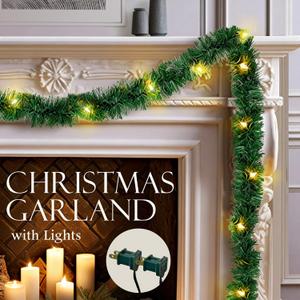 15FT Christmas Garland with Lights Plug in, Lighted Christmas Garland for Stairs Railing Party Holiday Door Outdoor Decorations Indoor, Green Greenery Prelit Xmas Artificial Garlands Decor