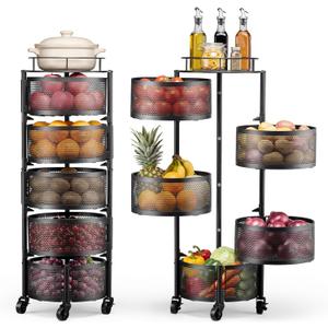 VEVOR Rotating Storage Rack Cart, 5 Tier Fruit and Vegetable Basket Bowls, Heavy Duty Wire Basket Organizer on Wheels, Large Capacity Stand with Metal Top Lid, for Kitchen Bathroom Nursery, Black, 13.4 x 12.4 x 37.2 in