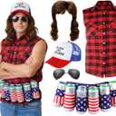 Mepase Blonde Mullet Wig 80s Costumes for Men Rock Disco Star Costume Plaid Shirt Sunglasses Vintage Hat and Beer Belt (Large)