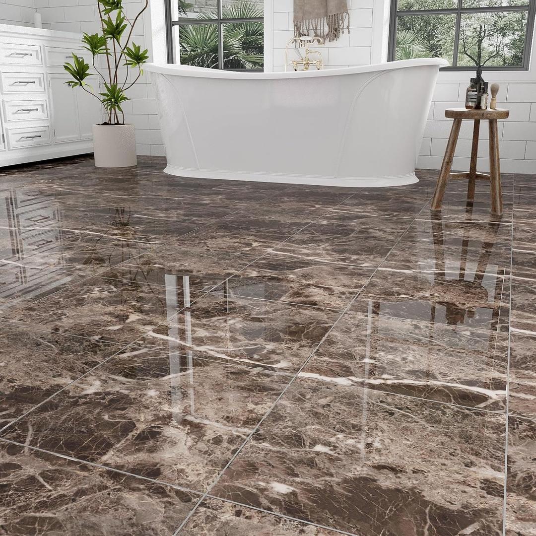 12" x 12" Peel and Stick Floor Tiles Waterproof, Polish Taupe Marble Self Adhesive Vinyl Flooring for Bathroom, Kitchen, Living Room, RV, Vinyl Floor Tiles Cover 10 Sq.Ft, 10-Pack, Glossy Brown