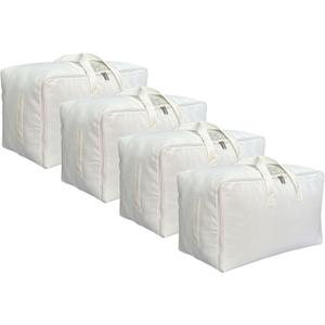 Soft Large Canvas Comforter Storage Bags with Four Carrying Handles and Clear Window, Closet Organizer for Clothing, Blankets Sheets Pillows and Bedding, 80L, 4 Pack, White