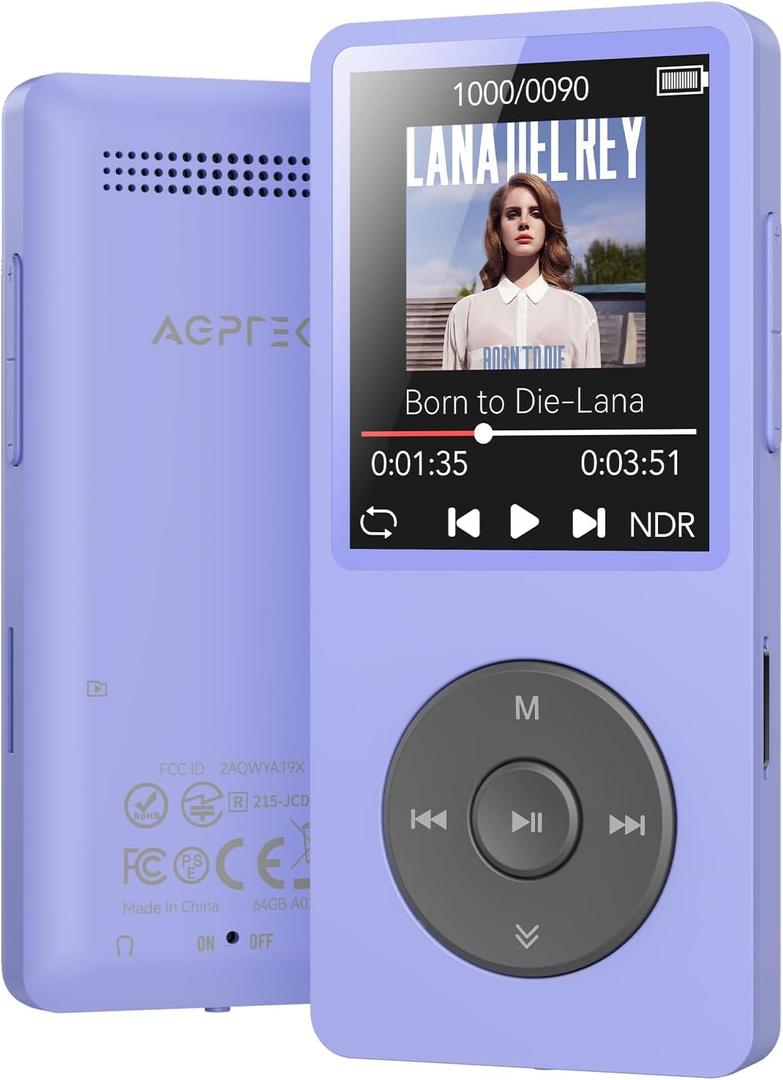 AGPTEK A02 MP3 Player with Bluetooth 5.3, 1.8 inch Screen Portable Music Player with Speaker, FM Radio, Voice Recorder, Supports Expanded Up to 128GB(Purple, 64GB)