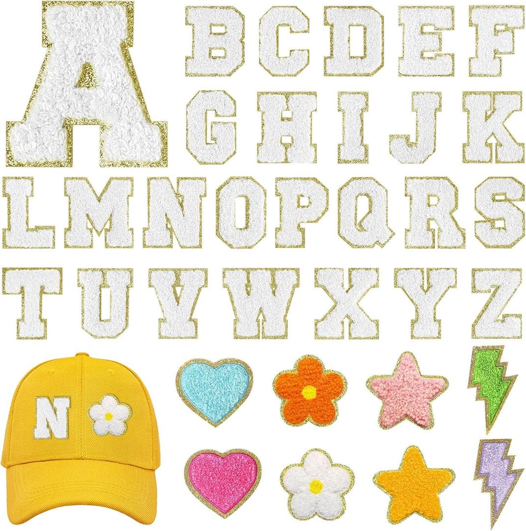 MEEZY 34 Pcs Chenille Letter Patches Self Adhesive Iron on Letters A-Z Glitter Chenille Letters with Cute Sew Iron on Patch Embroidered Applique Patches for Clothing Hat Backpacks (White)