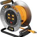 Masterplug 50ft Cord Reel, Metal Steel Cable Drum, Retractable Extension Lead with Winding Handle, Safety Overload Circuit Breaker and Power Switch, 4x Grounded Outlets, 15amps, 12AWG Cable
