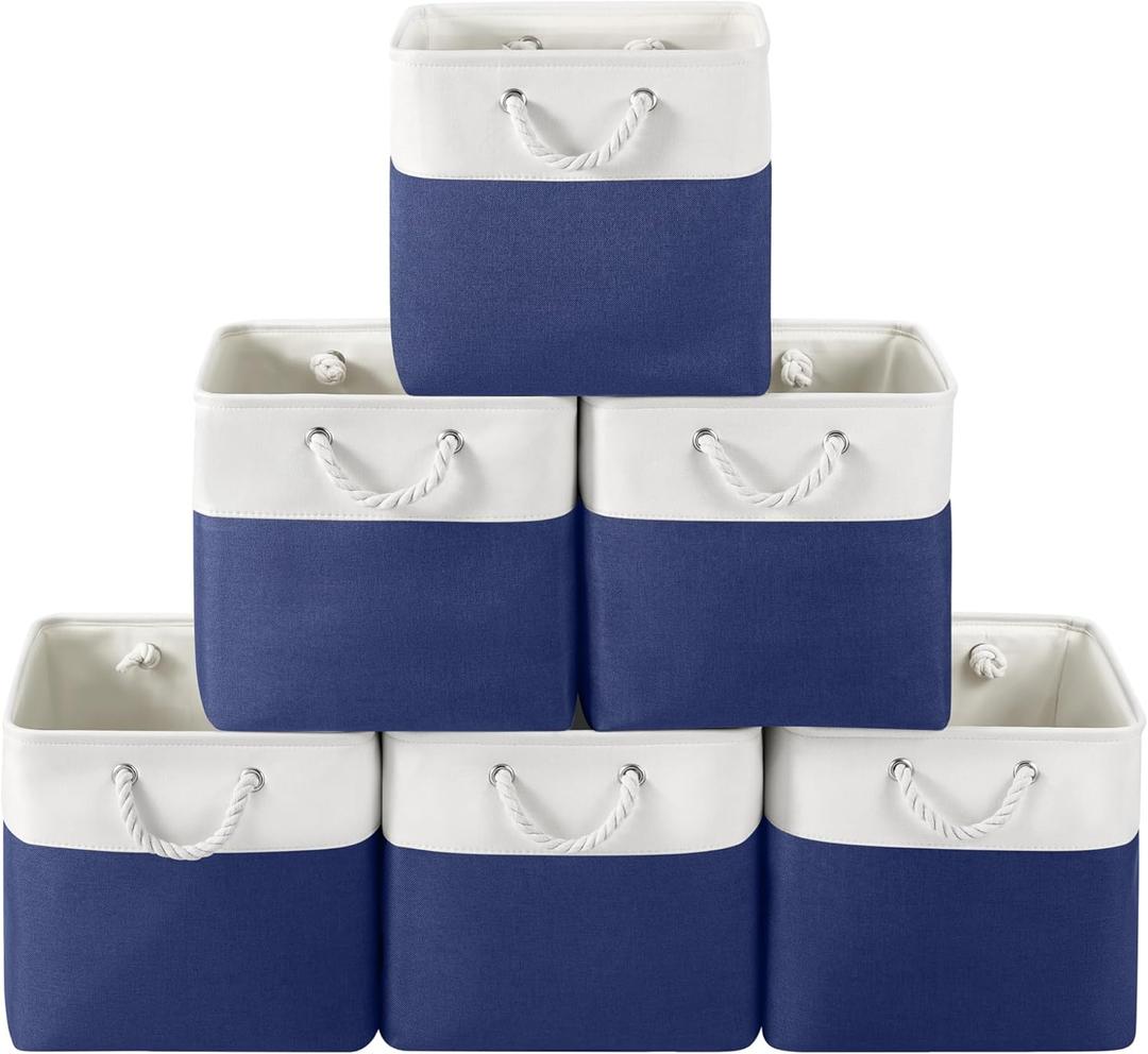 13 x 13 Inch Cube Storage Bins, 6 Pack Fabric Storage Basket with Handles, Foldable Boxes Organizer for Shelf Baskets for Home, Clothes (White/Blue)