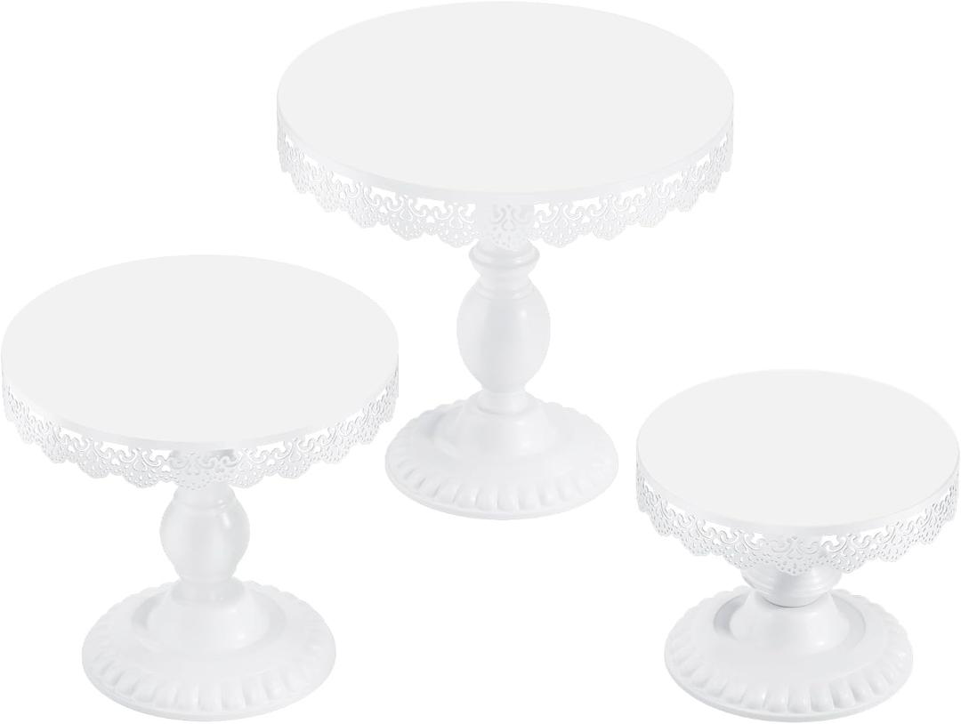 3 PCS White Cake Stands (8"&10"&12" Plate), Cupcake Stand with a lace Hollow Border Metal Cake Stand Set for Birthday Party, Wedding, Anniversary, Baby Shower