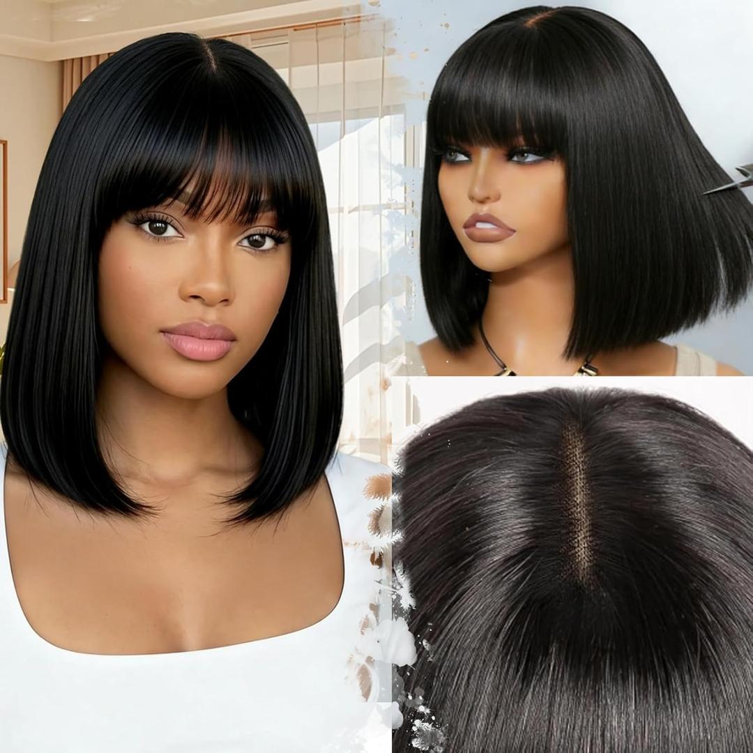 ZHENGON Bob Wig with Bangs Human Hair 200 Density Glueless Wigs Ready to Wear Beginner Friendly 3x1 HD Lace Short Wigs for Women Natural Black 12 Inch