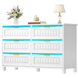 DWVO 6-Drawer Dresser, White Wood Dresser with Charging Station and LED RGB Light, Chest of Drawers Storage Organizer TV Stand for 60'' TV, Living Room, Closet, Entryway