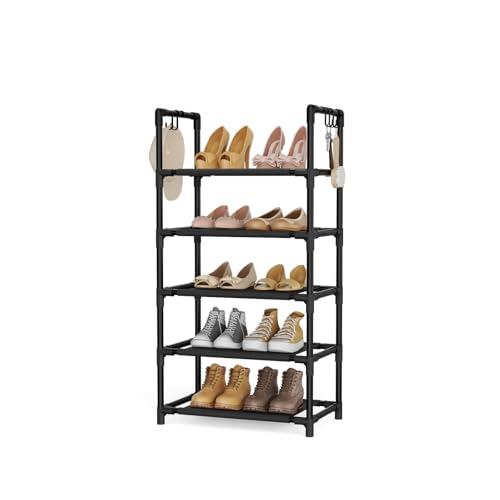 LANTEFUL 5 Tiers Shoe Rack 12-15 Pairs Boots Organizer Storage Sturdy Narrow Shoe Shelf for Entryway, Closets with Hooks, Black