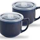 Ceramic Soup Bowl with Handle 32oz Microwave Ramen Bowl with Lid, Soup Mugs & Cups for Cereal, Oatmeal, Ramen, Instant Noodle, Soup Container with Lid - Set of 2 (Vintage Blue)