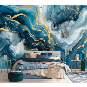 AFZEVEB-Blue and Gold Marble Wallpaper Abstract Art Wall murals for Bedroom 136"x96" (Not Peel and Stick) (A016)