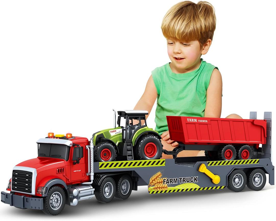Bstoyder Toddler Boy Toys for 3 4 5 6 7 Years Kids, 21" Semi Flatbed Truck Toy with a Farm Truck, Friction Powered Vehicles Toys with Lights and Sounds, Birthday for Boy Girls