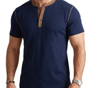 Mens Henley Shirts Short Sleeve Cotton Blend Slim Fit T-Shirts Breathable Moisture Wicking Athletic Casual Workout Tee (Blue, L)