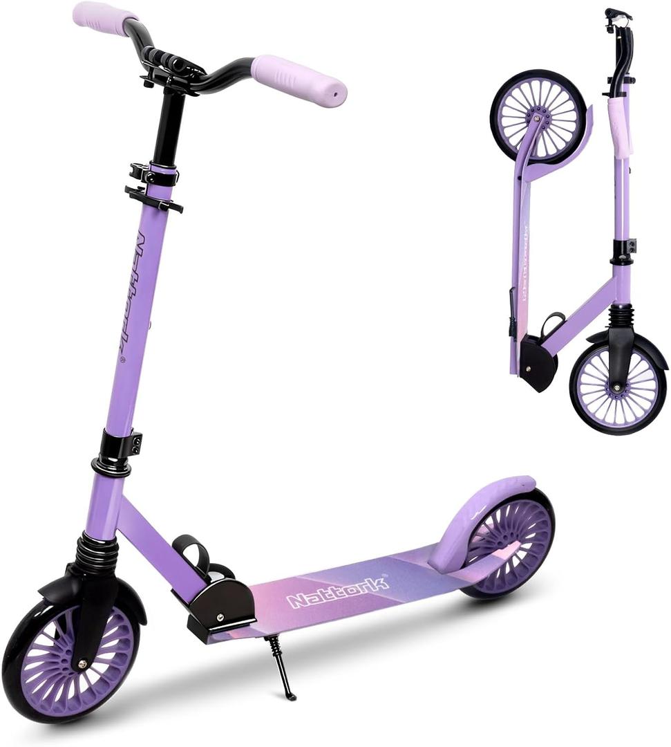 Nattork Kick Scooter for Teens Adults, Max Load 240 LBS, Adjustable Height Foldable with 8" Large Wheels, Anti-Shock Suspension Purple