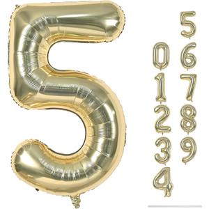 Champagne Gold Balloon Number 5, 40 Inch Large Self Inflating Foil Number Balloons 0-9, Light Gold Digital 5 Helium Balloon for 5th Girls Boys Women Birthday Party Graduation Anniversary Decorations