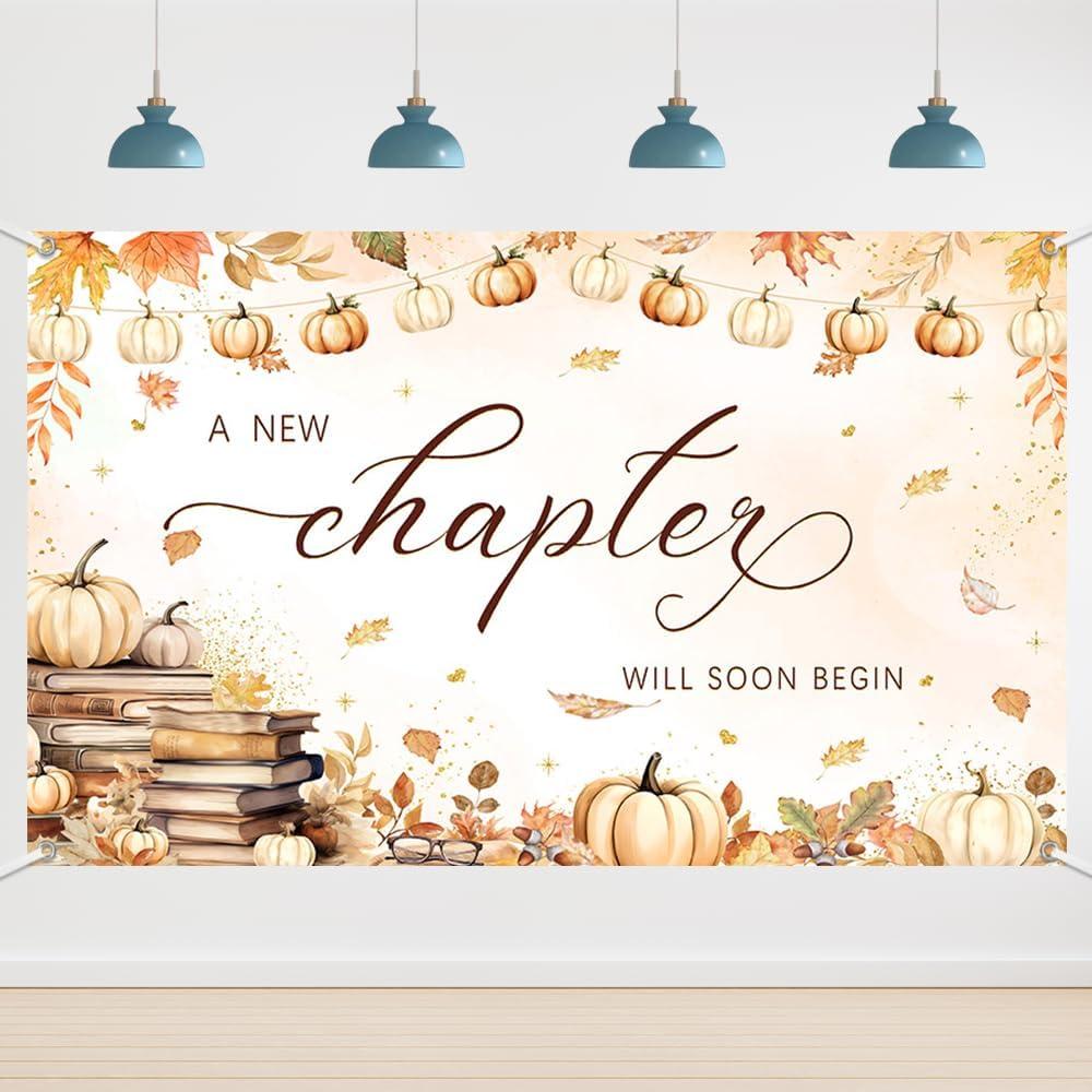 6x3.6ft Fall Book Themed Baby Shower Backdrop A New Chapter Will Soon Begin Decor Friendsgiving Maple Leaves Pumpkin Party Photo Studio Booth Background