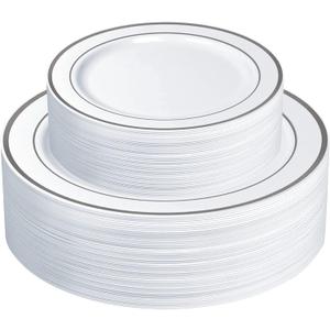 SETUP [60 Piece Combo Silver Trim Plastic Plates - Premium Heavy-Duty 30 Disposable 10.25" Dinner Party Plates and 30 Disposable 7.5" Salad Plates