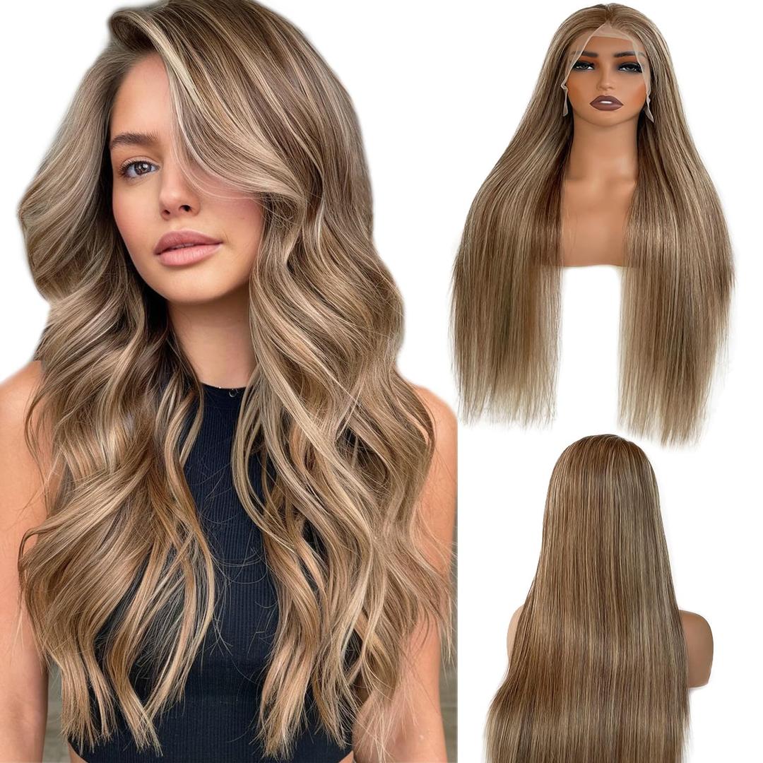 28 Inch Ombre Brown Highlight Lace Front Wigs Human Hair Balayage Brown with Ash Blonde Highlights Brazilian Raw Human Hair 13x6 HD Frontal Wig Pre Plucked 180% Density Glueless Wigs for White Women